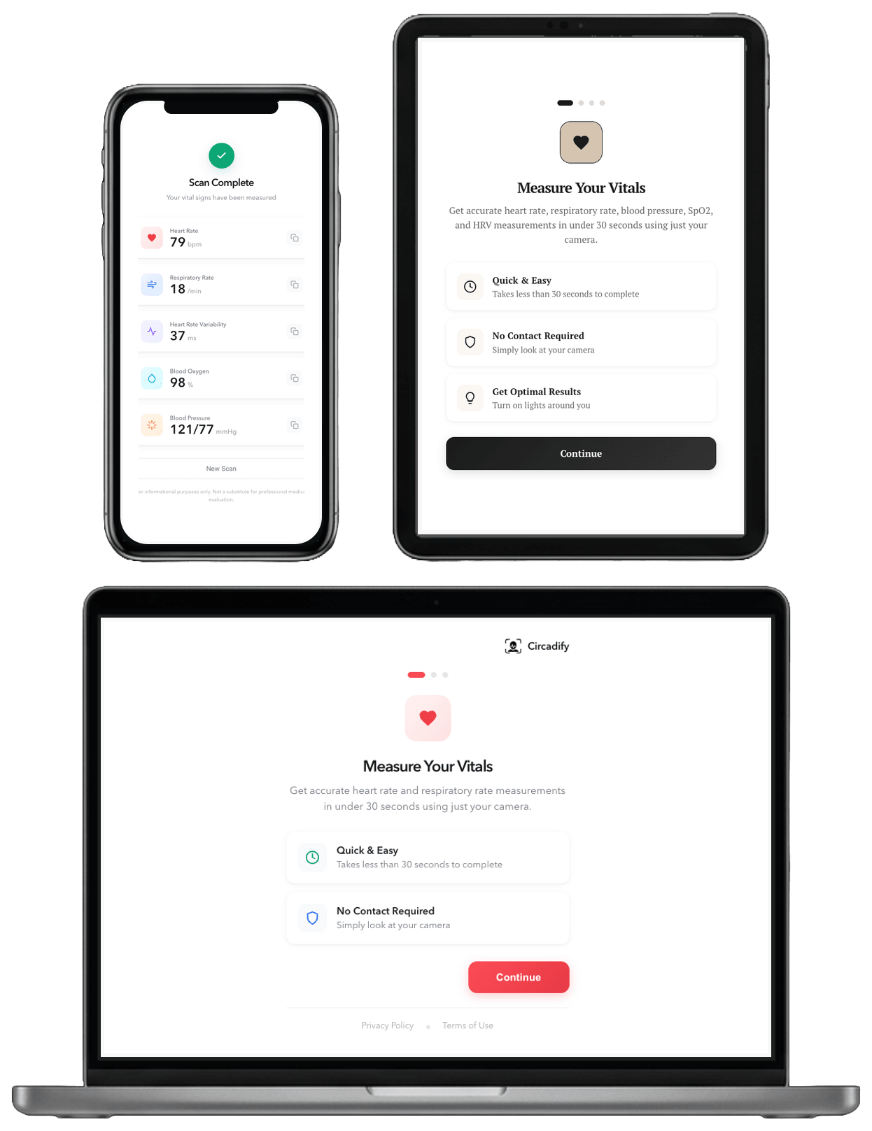 Circadify vitals running across phone, tablet, and laptop